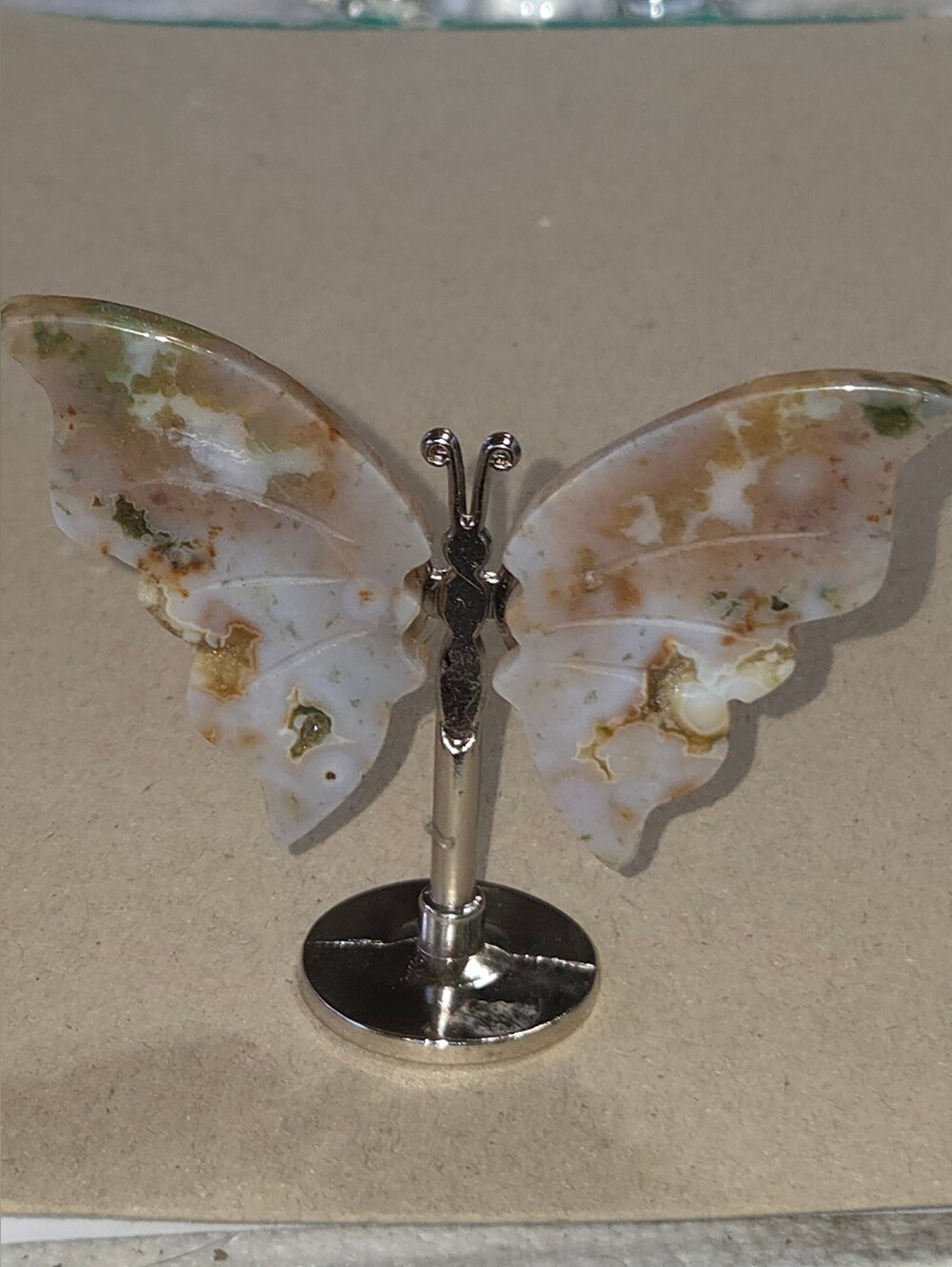 Druzy Ocean Jasper Crystal Butterfly Wings On Metal Body Stand Decor
